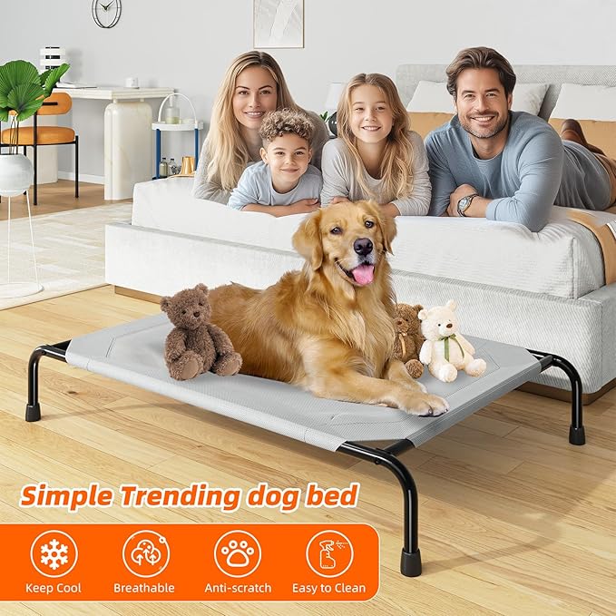 Simple Trending Raised Dog Bed for Large Dogs, Waterproof XL Dog Cot, Outdoor Cooling Elevated Pet Bed Load 200lb, 47.75" x 30.5", Grey