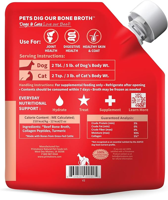 Primalvore Grass-Fed Beef Bone Broth for Dogs &Cats, Mobility Formula w/Collagen Peptides to Help Support Hip & Joints, Digestion, Skin & Coat and Hydration, Human Grade, Made in USA. Beef 2 Pack