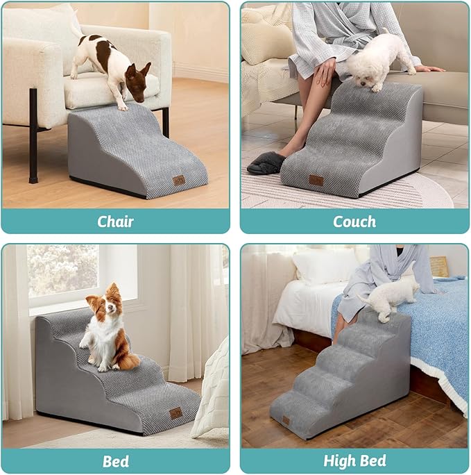 Dog Stairs for Small Dogs 15.7" H, Curved Dog Step for Puppy, Older Cat, Medium Pet Ramp for Sofa, Couch or Bed, Ladder with High Density Foam, 15.7x22.4x15.7 inch, 3 Step, Grey