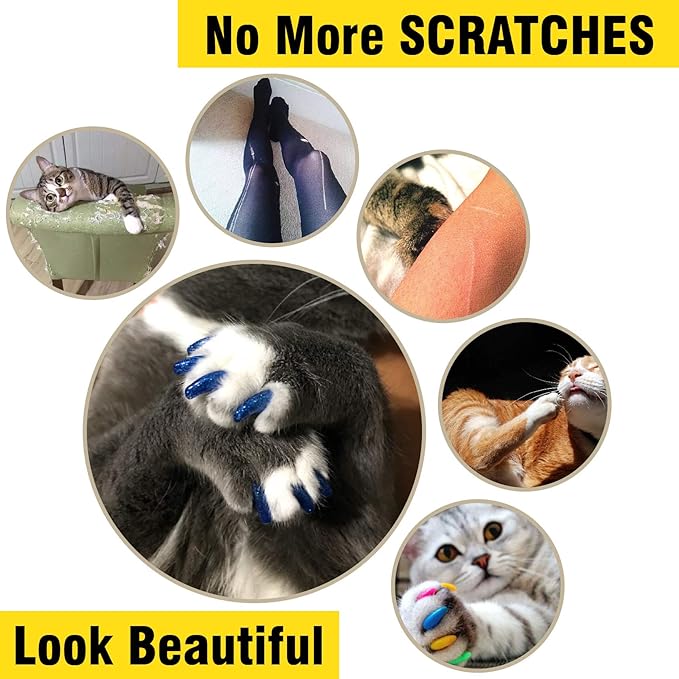 zetpo 100 pcs Cat Nail Caps | Cat Claw Covers | with Adhesives and Applicators (S, 5X Blue Glitter Shades)