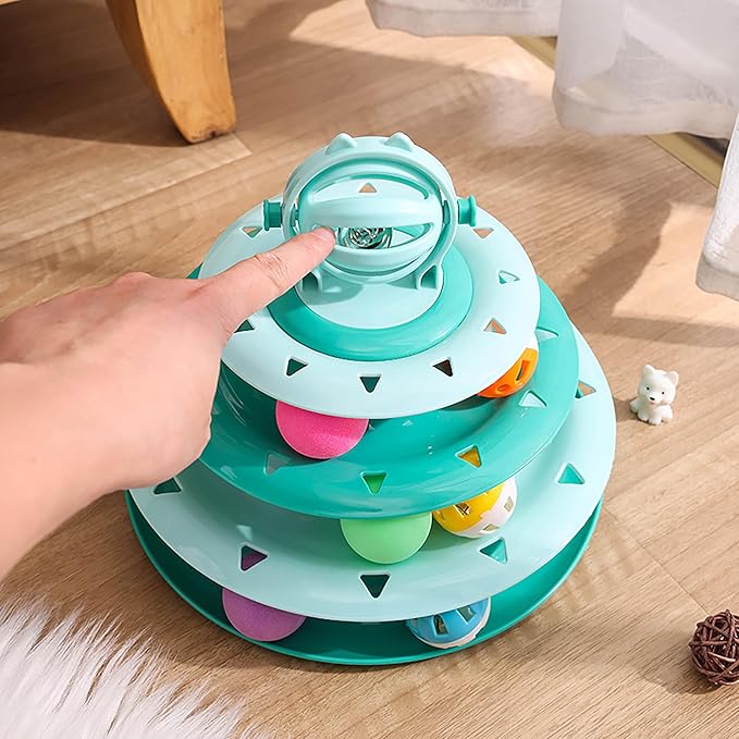 Vealind Cat Toy Roller 4-Level Turntable Cat Toys Balls with Colorful Pom Pom Balls Interactive Fun Mental Physical Exercise Puzzle Kitten Toys (Orange)