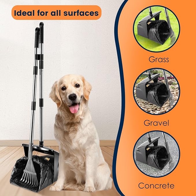 Pooper Scooper for Large Dogs Heavy Duty Swivel Bin & Rake with 20 Waste Bag for Large Medium Small Dogs, Easy to Clean Pet Waste Use on Grass, Dirt, Gravel or Flats