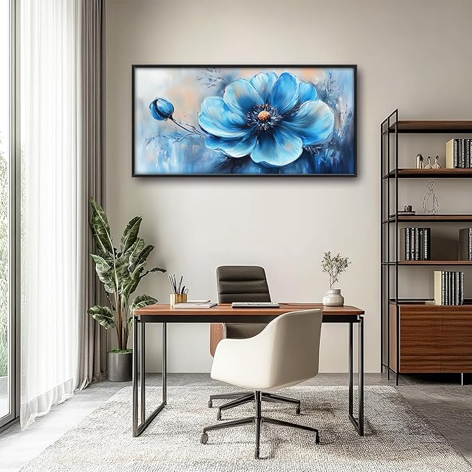 Extra Large Abstract Blue Flower Framed Wall Art for Living Room,Oversized Elegant Floral Pictures Wall Decor,Canvas Print Painting Modern Artwork Bedroom Office Bathroom 60L" x 30W"