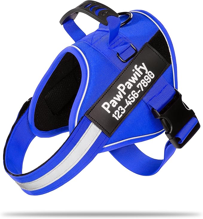 PawPawify Custom No Pull Dog Harness with Name and Phone Number, Heavy Duty Personalized Pet Vest to Prevent Tugging, Pulling, or Choking, Training and Walking (New Blue, L (40-60 LBS))
