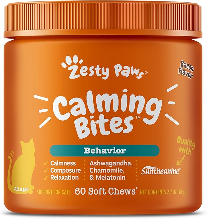 Zesty Paws Calming Chews for Cats - Composure & Relaxation for Everyday Stress & Separation - with Ashwagandha, Organic Chamomile, L-Theanine & L-Tryptophan – Bacon - 60 Count - Cat