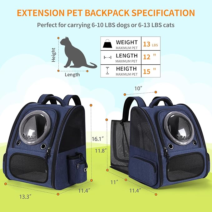 Extension Cat Carrier Backpack with Transparent Bubble Window,Dogs Backpack Carrier with Breathable Mesh Travel Bag, Portable Space Capsule Design with Foldable for Pets (Blue)