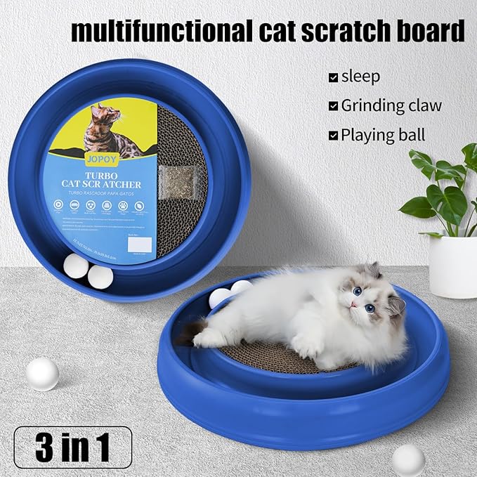 Interactive Cat Scratcher with Two Rotating Balls,Durable Scratch Pad for Indoor Play,Cardboard Cat Scratcher Pad with Cat Toy Ball Track and Catnip,2-in-1 Cat Toy (Blue)