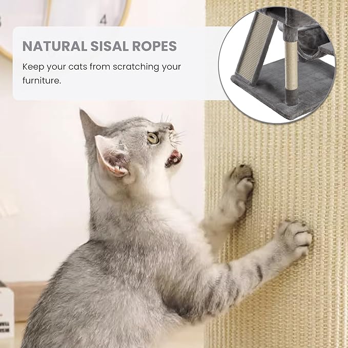 SHA CERLIN 65in Larger Cat Tree Tower Condo for Indoor Kitties/Multi-Level Furniture Activity Center with Wide Base/Cozy Plush Cat Perches/Baskets/Sisal Scratching Posts and Hammock/Grey