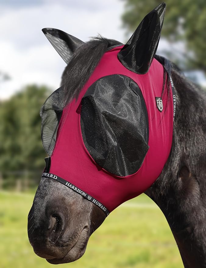 Harrison Howard Horse Fly Mask with Forelock Opening Stretch Breathable and Comfortable for Horses UV -Protection Burgundy L