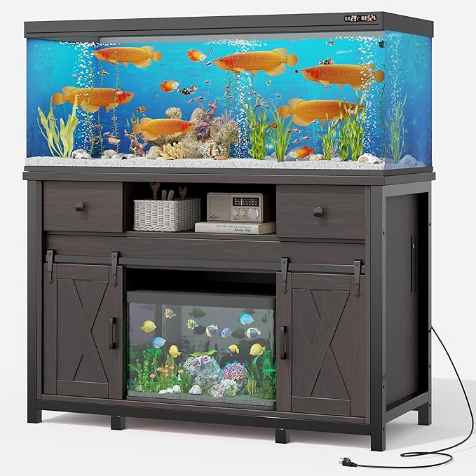 Miereirl 55-75 Gallon Fish Tank Stand with Power Outlet – Heavy Duty Aquarium Stand, Rustic Farmhouse Style, 800 lb Capacity, Adjustable Storage & Sliding Barn Doors, Dark Brown