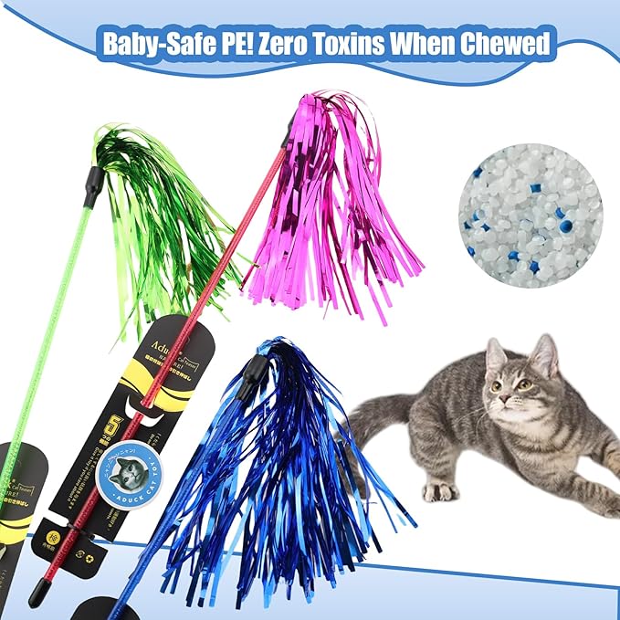 ADUCK Interactive Cat Teaser Wand Toy with Tassels - Durable Cat Chaser for Indoor Kitten Exercise, Boredom Relief & Training Play, Pack of 3 (Gold, Blue, Pink)