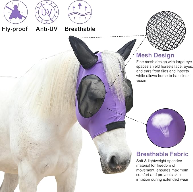Stretchy Horse Fly Mask for Horses, Soft Lycra Equine Mesh Mask, Elasticity Horse Face Covering, Breathable&UV Protection, Violet, Cob