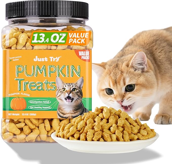 Just Try 13.4 OZ Pumpkin Cat Treats Cat Constipation Relief Hairball Control Healthy Salmon Snacks Training Biscuits Treats for Digestive Support Low Calorie Kitten Snacks