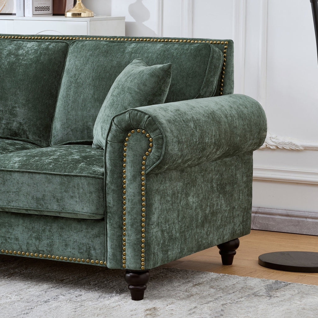 3 Seater Sofa With Tufted Upholstery, Rolled Arms, Nailhead Trim
