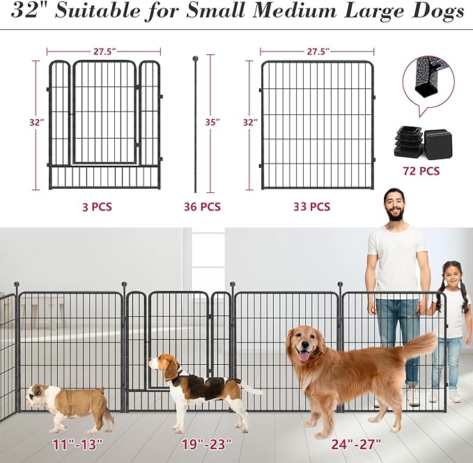 Dog Playpen 32 inch 32 Panels Indoor Outdoor Dog Pen for Medium/Small Dogs Heavy Duty Metal Dog Fence Outdoor for Yard, Puppy Playpen with Door Portable Pet Fence for RV Camping Yard