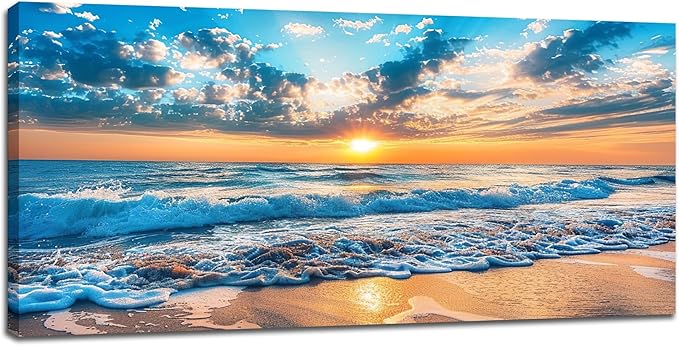 Large Beach Wall Art for Living Room Beach Sunset Ocean Waves Art Big Space Size Framed Canvas Prints Blue Pictures Painting Artwork Office Bedroom Home Decor 60"x30"