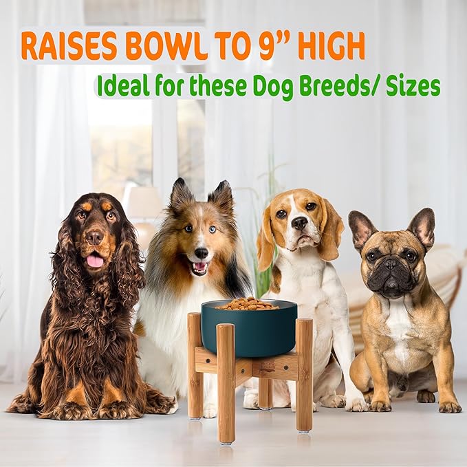 Dog Bowl Stand for Medium Breeds - Raises Bowls to 9-inch High, Ants/Bugs-Off - Adjustable, Fits Various Sizes of Dog Food/Water Bowls and Slow Feeders - Bamboo