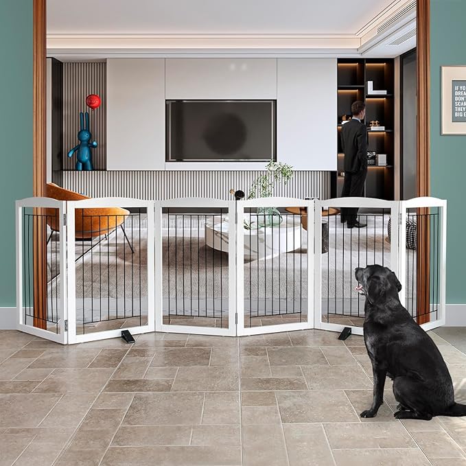 ZJSF Freestanding Dog Fence Indoor, Foldable Dog Gate for Doorways, Stairs or Hallways, Sturdy Wood Extra Wide Pet Gate with Support Feet for The House, White, 32 "Height-6 Panels