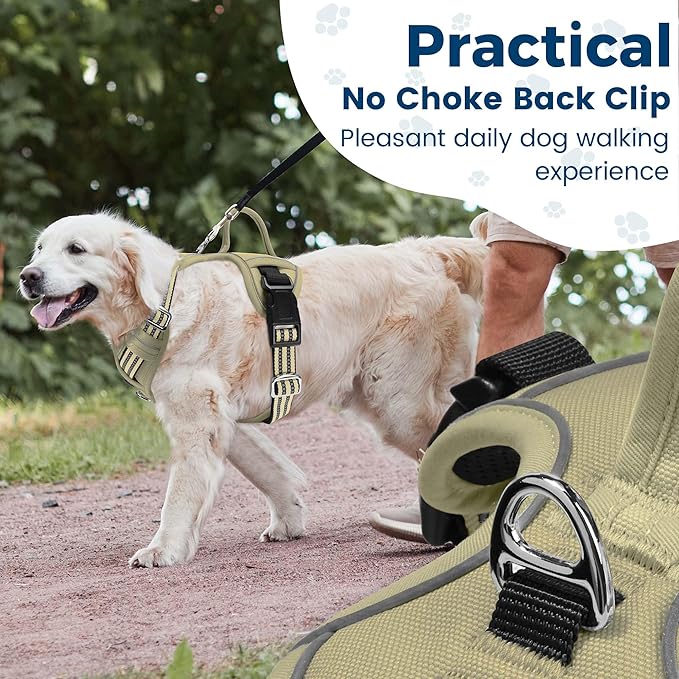 Funfox Dog Harness No Pull, Adjustable Pet Vest Harness, Super Soft Material with Vertical Handle Easy Control, Reflective Night Walking, 2 Leash Clips for Large Dogs, Army Green, L