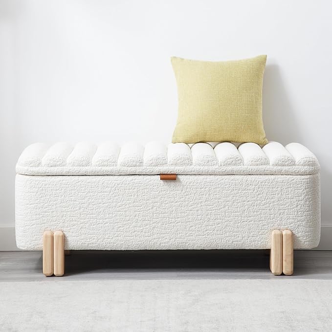 Wavy Ottoman Storage Bench Multi-Functional Narrow Entryway Bench Elegant End of Bed Bench with Storage and Safty Hinge for Living Room Entryway Hallway Bedroom Boutique, White