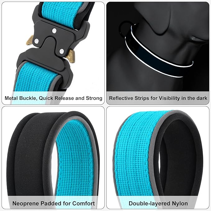 Plutus Pet Tactical Dog Collar, Reflective, Adjustable Heavy Duty Dog Collar, Soft Padded and Comfortable, for Small Medium and Large Dogs (Cyan, S)