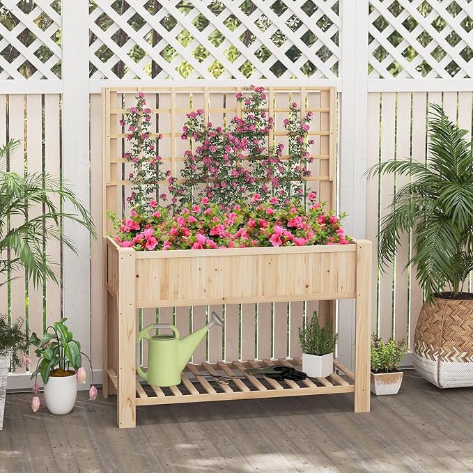 Giantex Raised Garden Bed with Trellis, Wooden Elevated Planter Box with Legs, Drainage Holes for Climbing Plants Vines Vegetables Flowers Herbs, Outdoor Horticulture Planter for Patio Yard