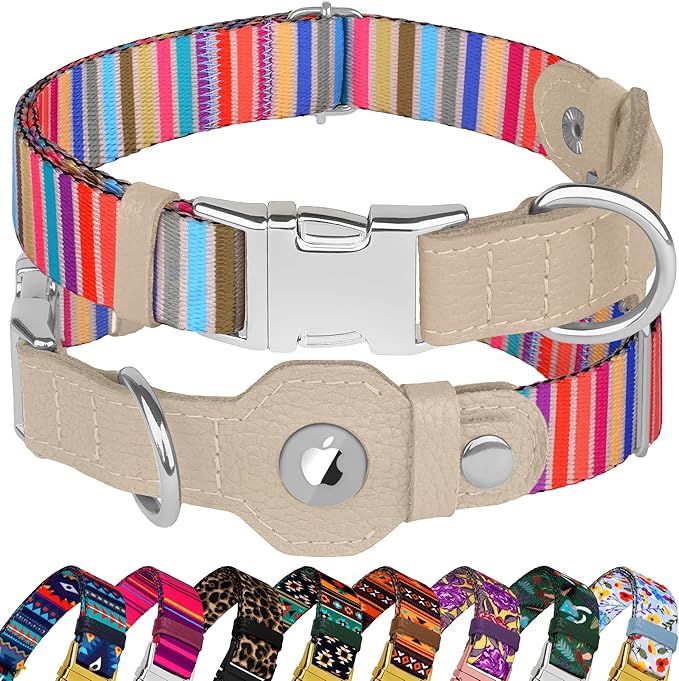AirTag Dog Collar for Small Medium Large Breed - Adjustable Cute Pattern Dog Collar with Airtag Holder - Soft Leather Tracker GPS Apple Air Tag Pet Collars (X-Small, 9"-12" Neck Fit, Serape)