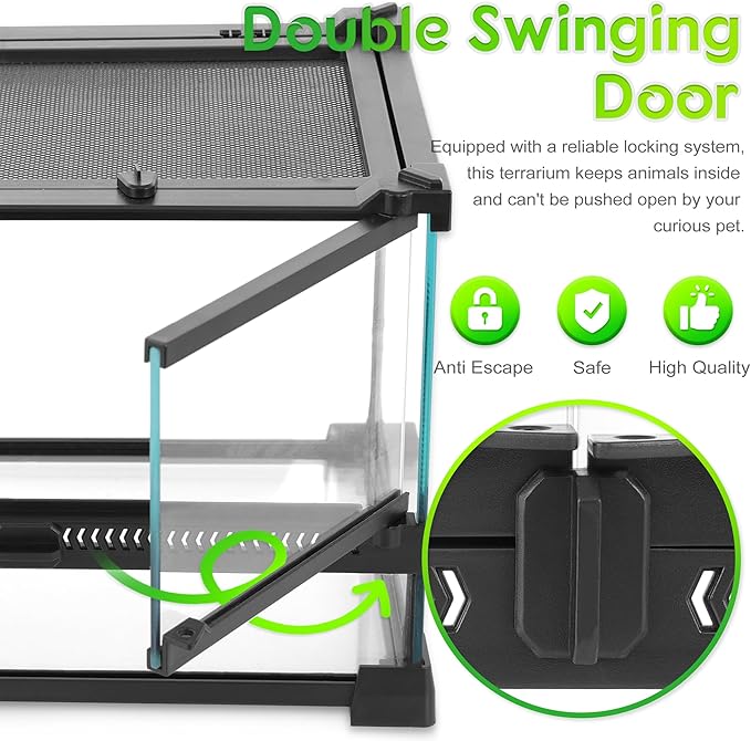 Mini Reptile Glass Terrarium 12"x8"x8" Durable Reptile Habitat Tank with Heat Resistant Aluminum Alloy Frame, Double Swinging Doors for no Jam by Sand and Other Debris