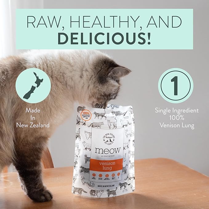 Meow Air Dried Cat Treats - Venison Lung, High Protein, Healthy Cat Snacks and Toppers, All Natural for All Life Stages, 1.76 oz