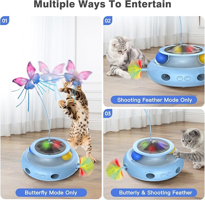 Automatic Interactive Cat Toys for Indoor Cats & Bored Adults - Kitten Toys with Fluttering Butterfly, Ambush Feather & Track Balls - Exercise & Stimulation for Playful Cats (Sky Blue)