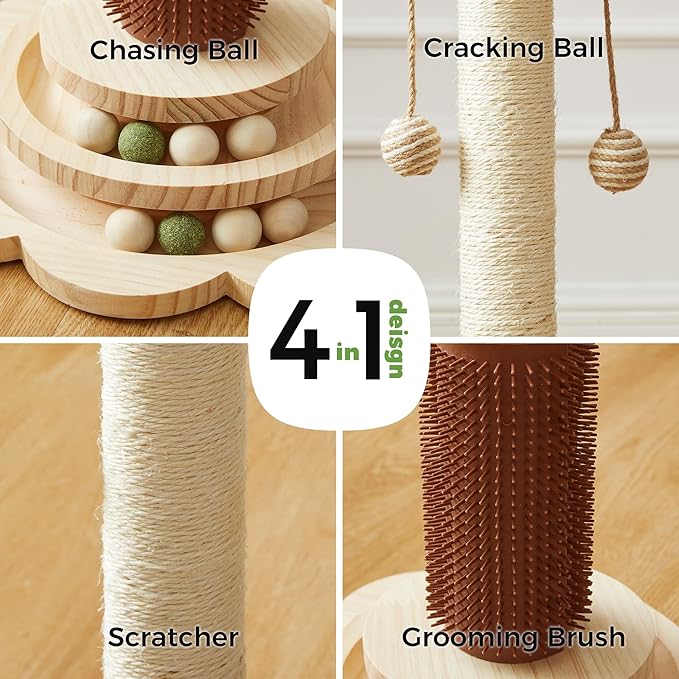 Cat Sisal Scratching Post, 4 in 1 Wooden Cat Scratcher Toy with Groomer, 24" Tall Scratch Post with 2-Layer Interactive Track Balls, Cat Climbing Tree with 2 Hanging Balls for Kittens