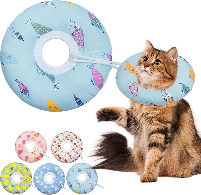 Cat Cone Collar Soft, Adjustable Cat Recovery Collars Kitten Cones to Stop Licking, Cute Donut Cones for Cats After Surgery, Elizabethan Collar for Kittens After Spay(Blue Fish, Large)