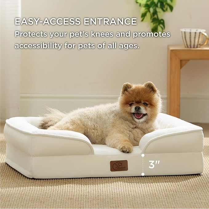 Bedsure Orthopedic Dog Beds for Small Dogs - Washable Small Dog Cat Bed Waterproof, Comfort Pet Couch Sofa with Washable Removable Cover, Pets Bed with Nonskid Bottom, Ivory, 24"