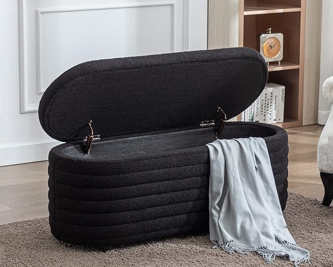 Storage Ottoman Bench Upholstered Fabric Storage Bench End of Bed Stool with Safety Hinge for Bedroom, Living Room, Entryway (45.5-inch, Black)