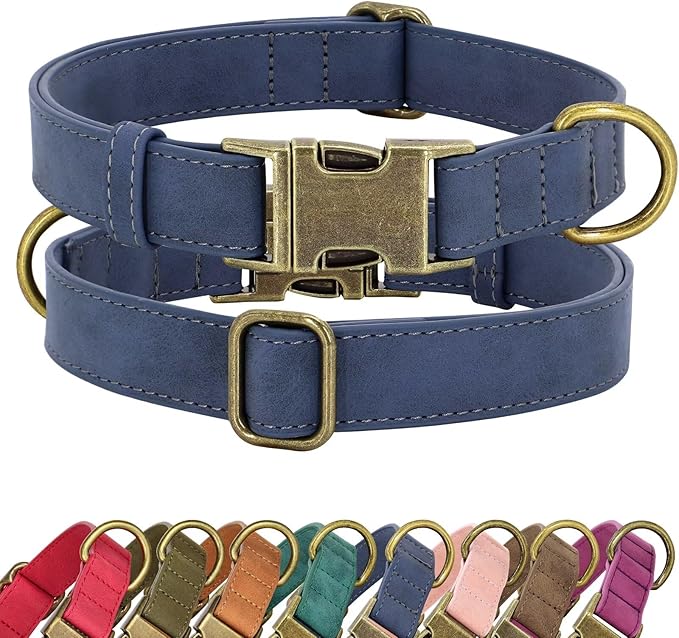 Didog Soft PU Leather Dog Collar, Stylish Quick Released Dog Collar for Large Dogs, Easy Clean Adjustable Pet Collar for Daily Walking, Blue, L Fit 15-23" Neck