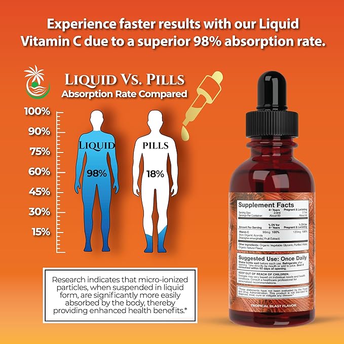 Tropical Oasis USDA Organic Liquid Vitamin C Drops for Adults & Kids | Supports Healthy Immune System | 98% Absorption Rate | Vegan | Non-GMO | Gluten Free | 60 Servings