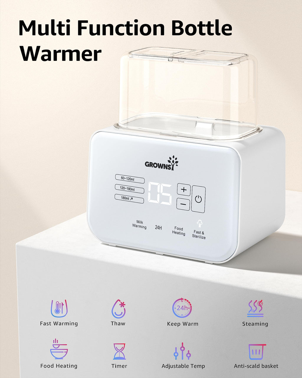 Baby Bottle Warmer, Grownsy 8-in-1 Fast Milk Warmer with Timer Breastmilk or Formula, Fits 2 Bottles, Accurate Temperature Control, with Defrost, Sterili-zing, Keep, Heat Baby Food Jars Function