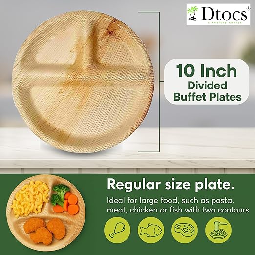 Dtocs 3 Compartment Plates (50 Pc) Palm Leaf 10 Inch Round Portion Control Buffet Sectional Plate | Bamboo Plates Disposable Like Compostable Camping Dinnerware Stronger than Divided Paper, Styrofoam