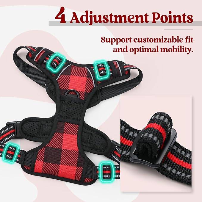 rabbitgoo Dog Harness No Pull with 2 Leash Clips, Adjustable Soft Padded, Reflective Oxford No Choke Pet Vest with Easy Control Handle for Medium Sized Dogs, Red Plaid, M