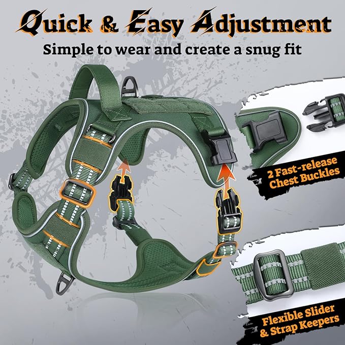 rabbitgoo Dog Harness Medium Sized No Pull, Tactical Service Pet Vest with Molle and Control Handle, Adjustable and Reflective Military Harness for Easy Walking and Training, Green, M