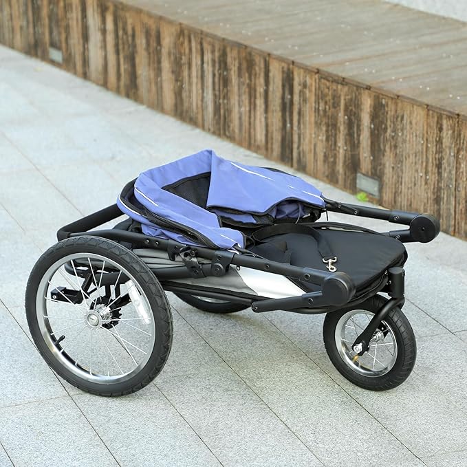 PawHut Dog Stroller, Pet Stroller 3 Wheels with Easy One-Hand Fold, Rubber Wheels, Storage Bag, Soft Cushion, Safety Leash, for Small & Medium Dogs, Blue