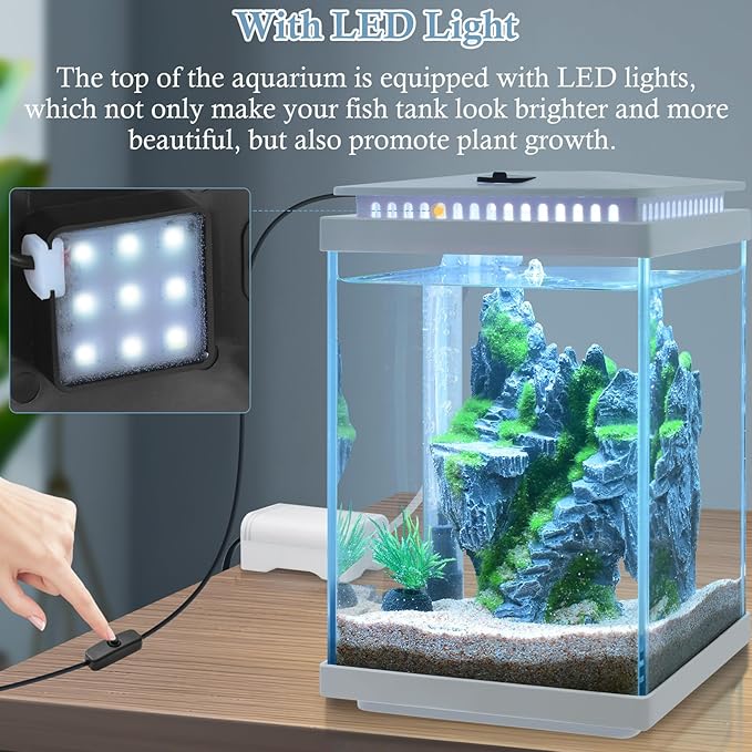 FEDOUR Small Glass Aquarium, 1 Gallon Desktop Fish Tank, Betta Fish Tank, Mini Aquarium Starter Kit with Air Pump LED Light Decoration Water Changer Fish Net (White)