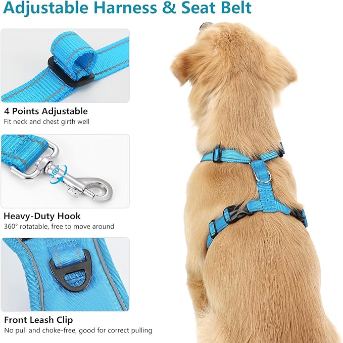 Dog Seat Belt Harness for Car, Dog Car Harness Adjustable Mesh Breathable & Dogs Seatbelt Safety Tether with Elastic Bungee for Small Medium Large Pets(Blue, M)