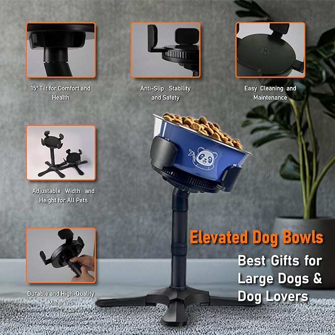 Adjustable Elevated Dog Bowl Stand with Non-Slip Base - 3 Height & Tilt Settings, Fits 14-24.5cm Bowls, Raised Stainless Steel Dish for Large Breed, Medium & Small Dogs, Cats