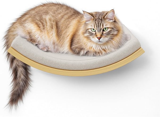 Cat Wall Shelf with Curved Hammock Bed, Wall Mounted Cat Perch with Beige Soft Foam Cushion, Floating Wall Furniture for Climbing, Sleeping & Lounging