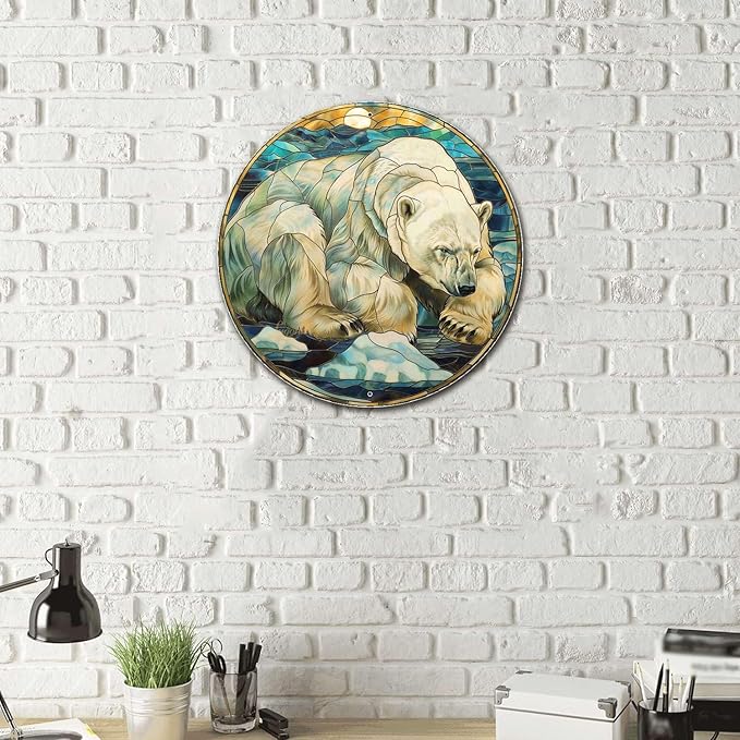 Lygond Metal Sign Tin Sign Circular Stained Glass Polar Bear Bar Signs for Home Decor for Pet 12×12 Inches