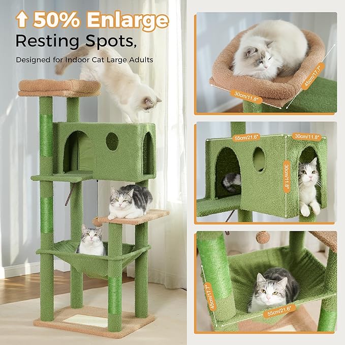 54” Cat Tree for Large Cats Big Cat Tower with Enlarged Hammock 21.6x17.7” Spacious Cats Condo House, Roomy Top Bed,Multiple Scratch Posts and Pad for Indoor Adult Cats (Green, Large-54)