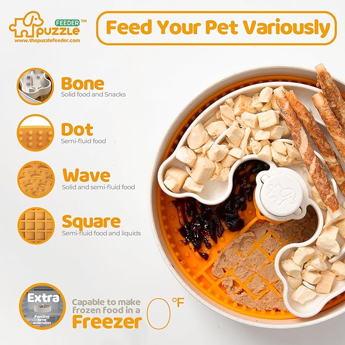 Slow Feeder Dog Bowl with Lick Mat and Puzzle Inserts - Non-Slip Base, Adjustable Speed Design, Dishwasher Safe for Puppies, Orange