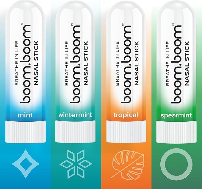BoomBoom Nasal Stick | Vapor Flow Technology | Cool Refreshing Sensation | Natural Mood Boost | Simple Ingredients | Essential Oils + Menthol Inhaler (Mint, Wintermint, Tropical, Spearmint)