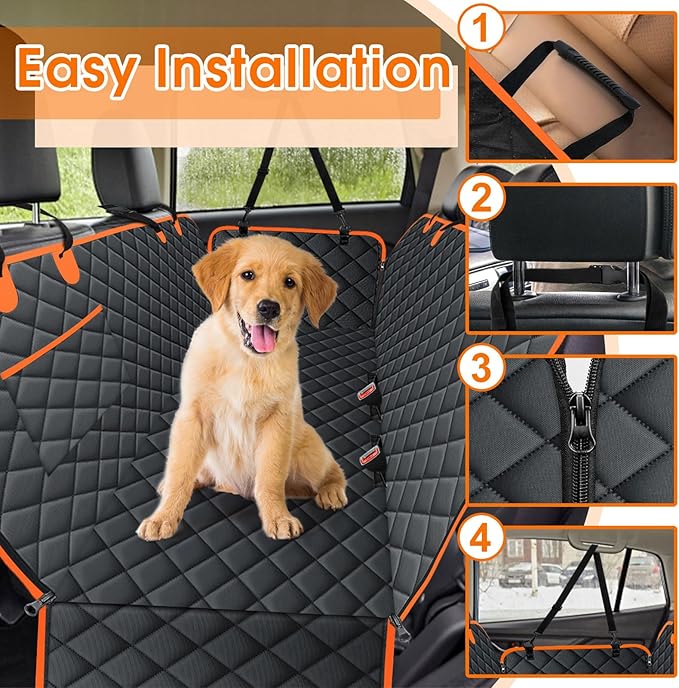 Dog Car Seat Cover, Durable Waterproof Scratch Proof Nonslip Dog Hammock, Back Seat Covers with Pocket for Cars SUVs and Trucks - S, Black/Orange